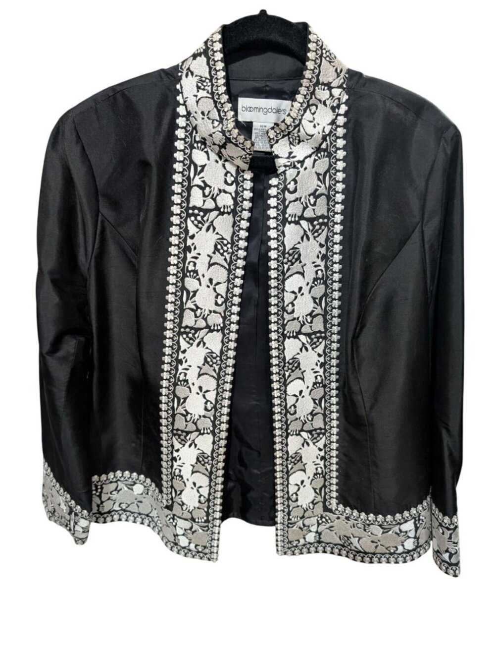 Silk Black & White Nehru Collar Open Front Jacket 16 Womens By Bloomingdales